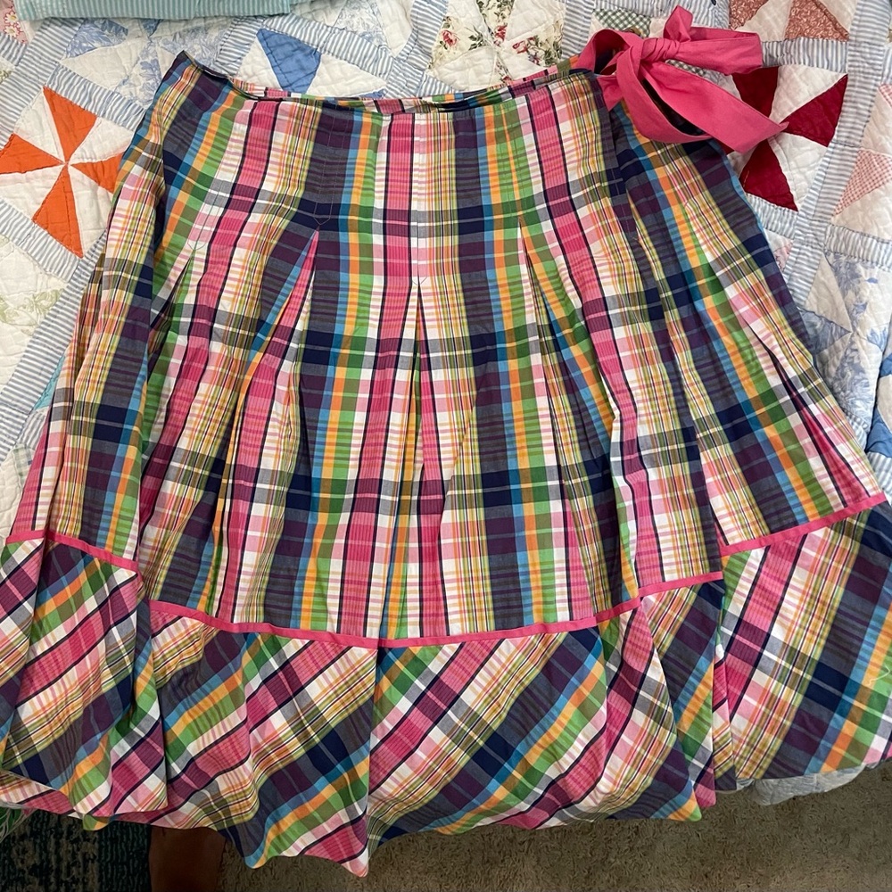 Lilly Pulitzer Ribbon Wrap Skirt Pleated Sz 10 Plaid Multicolored Pink Bow Tie
